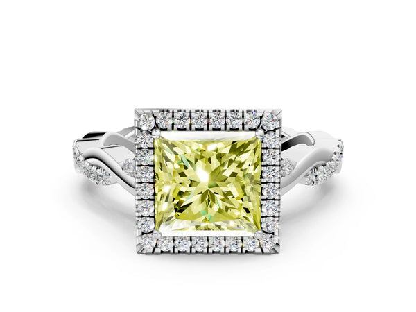 Platinum Fancy Yellow Princess Cut Halo Twist Band with Four-Prong Setting