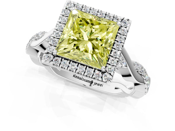 Platinum Fancy Yellow Princess Cut Halo Twist Band with Four-Prong Setting