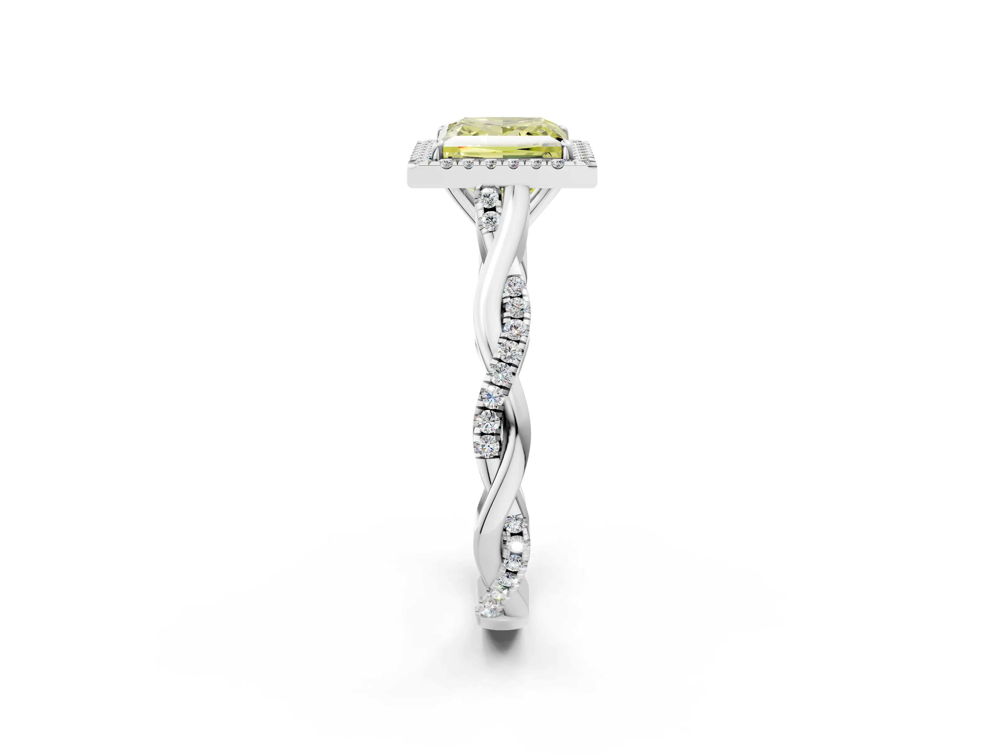 White gold Fancy Yellow Princess Cut Halo Twist Band with Four-Prong Setting_74