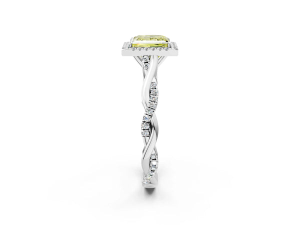 Platinum Fancy Yellow Princess Cut Halo Twist Band with Four-Prong Setting