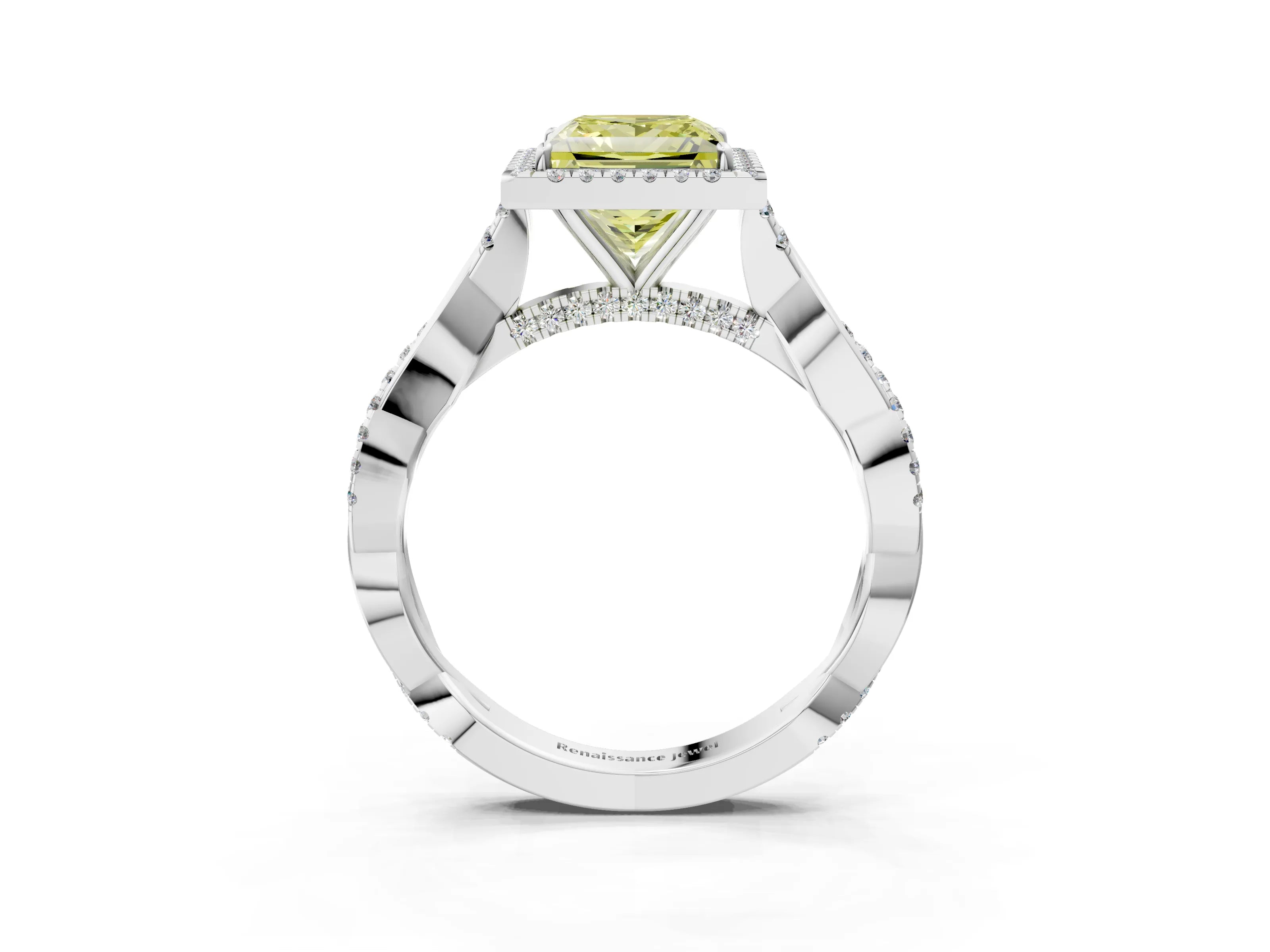 White gold Fancy Yellow Princess Cut Halo Twist Band with Four-Prong Setting_75