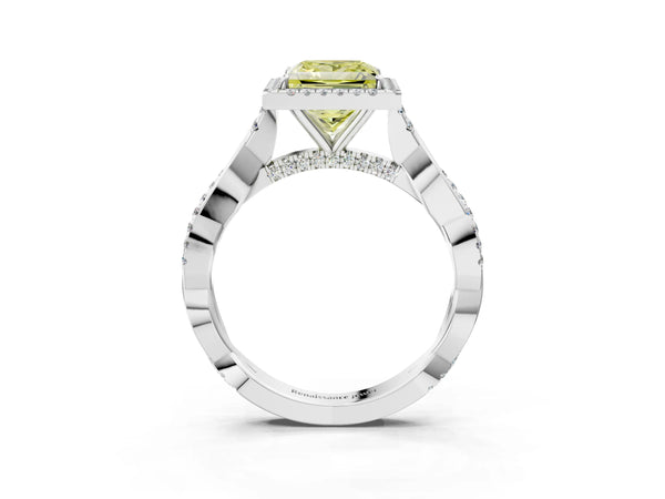 Platinum Fancy Yellow Princess Cut Halo Twist Band with Four-Prong Setting