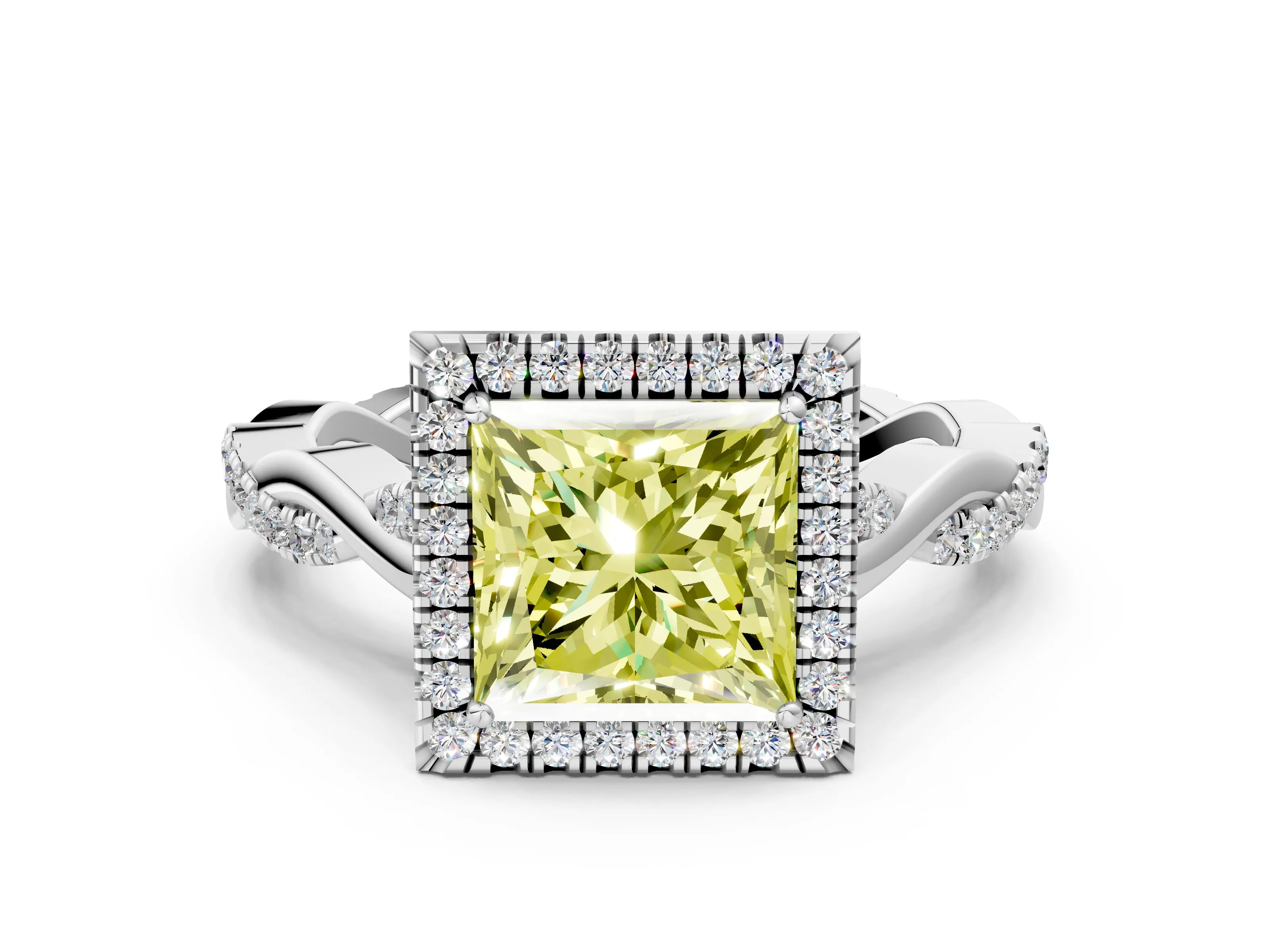 White gold Fancy Yellow Princess Cut Halo Twist Band with Four-Prong Setting