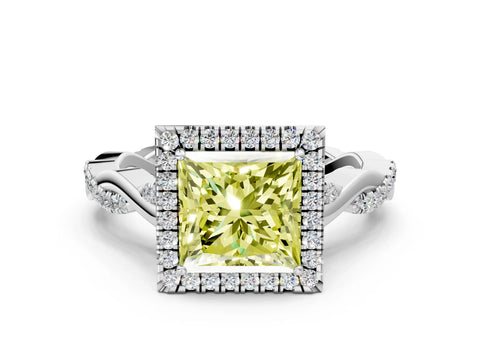 White gold Fancy Yellow Princess Cut Halo Twist Band with Four-Prong Setting