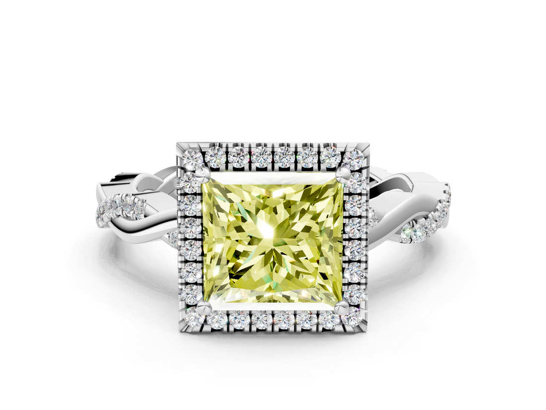 White gold Fancy Yellow Princess  Cut Halo Twisted Band Four-Prong Ring