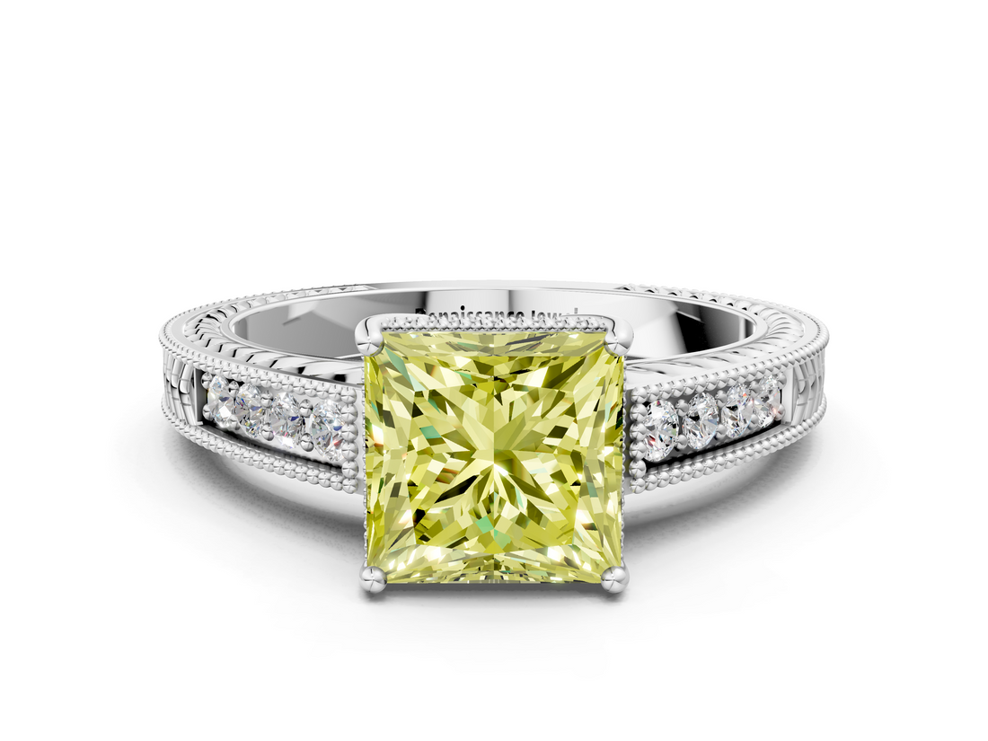 White gold Fancy Yellow Princess  Cut Milgrain Channel Set Engagement Ring with Solitaire Prong Setting