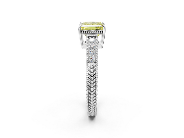 Platinum Fancy Yellow Princess Cut Diamond Engagement Ring with Milgrain Channel Set Band and Prong Setting