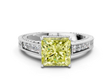 White gold Fancy Yellow Princess  Cut Milgrain Channel Set Engagement Ring with Solitaire Prong Setting