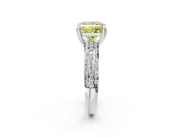White gold Fancy Yellow Princess  Cut Pave Diamond Engagement Ring with Channel Set Band and Four-Prong Setting