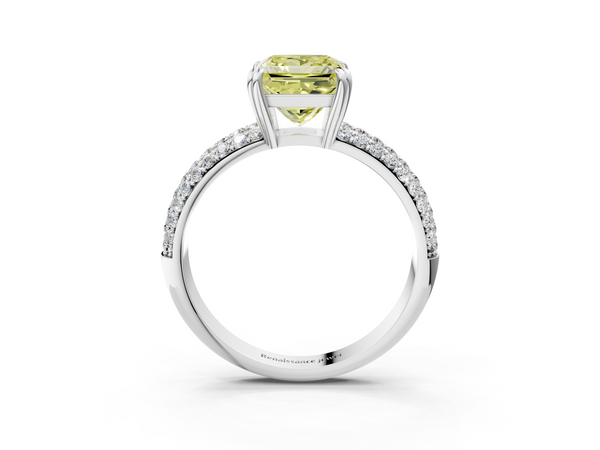 White gold Fancy Yellow Princess  Cut Pave Diamond Engagement Ring with Channel Set Band and Four-Prong Setting