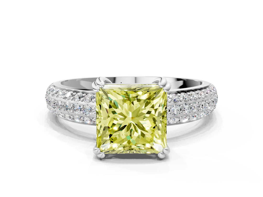 White gold Fancy Yellow Princess  Cut Pave Diamond Engagement Ring with Channel Set Band and Four-Prong Setting