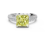 White gold Fancy Yellow Princess  Cut Pave Diamond Engagement Ring with Channel Set Band and Four-Prong Setting