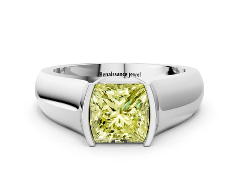 White gold Fancy Yellow Princess Cut Solitaire Bezel Set Diamond Ring with Wide Band_12