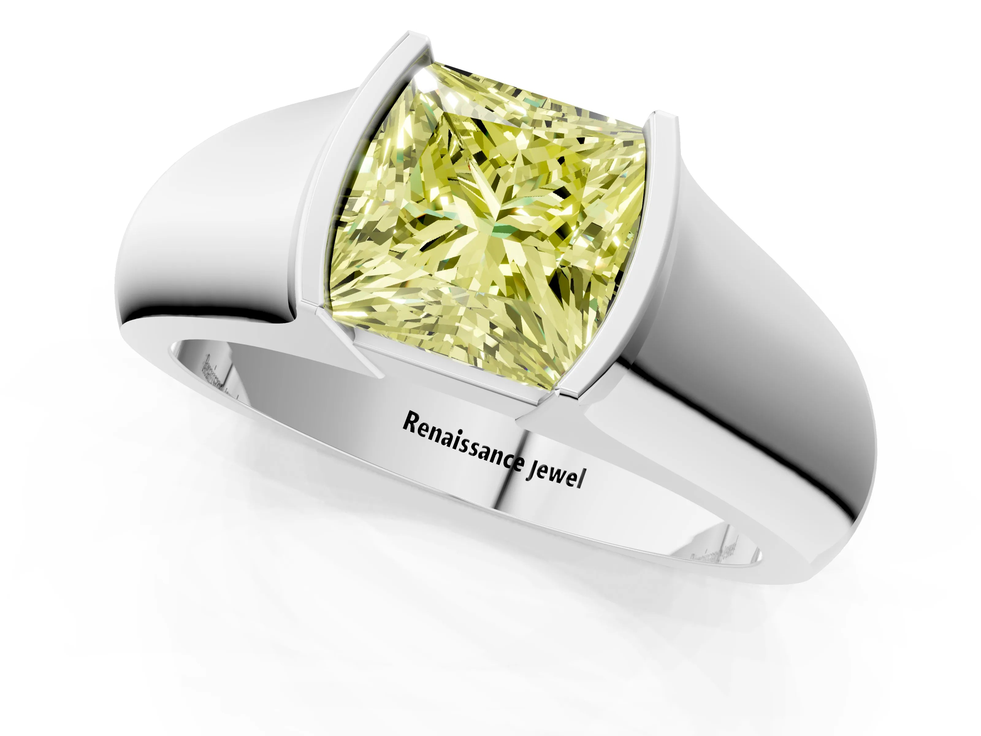 White gold Fancy Yellow Princess Cut Solitaire Bezel Set Diamond Ring with Wide Band_13