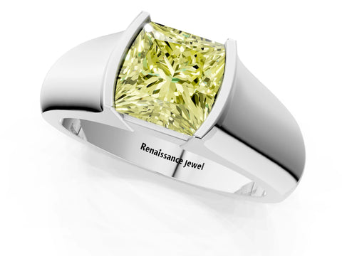 White gold Fancy Yellow Princess Cut Solitaire Bezel Set Diamond Ring with Wide Band_13