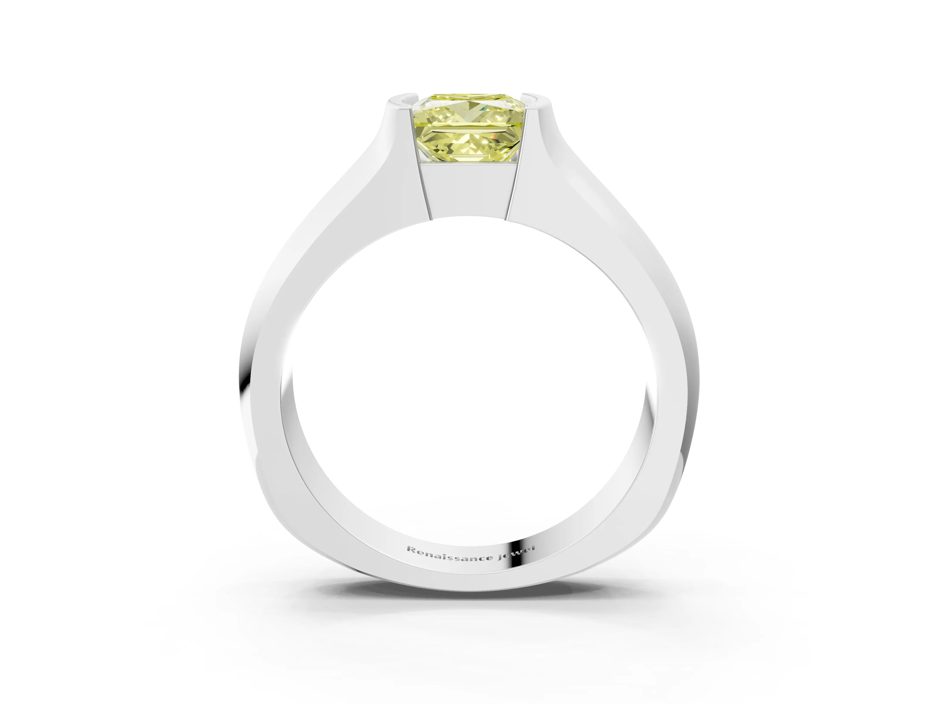 White gold Fancy Yellow Princess Cut Solitaire Bezel Set Diamond Ring with Wide Band_3