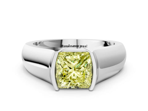 White gold Fancy Yellow Princess Cut Solitaire Bezel Set Diamond Ring with Wide Band