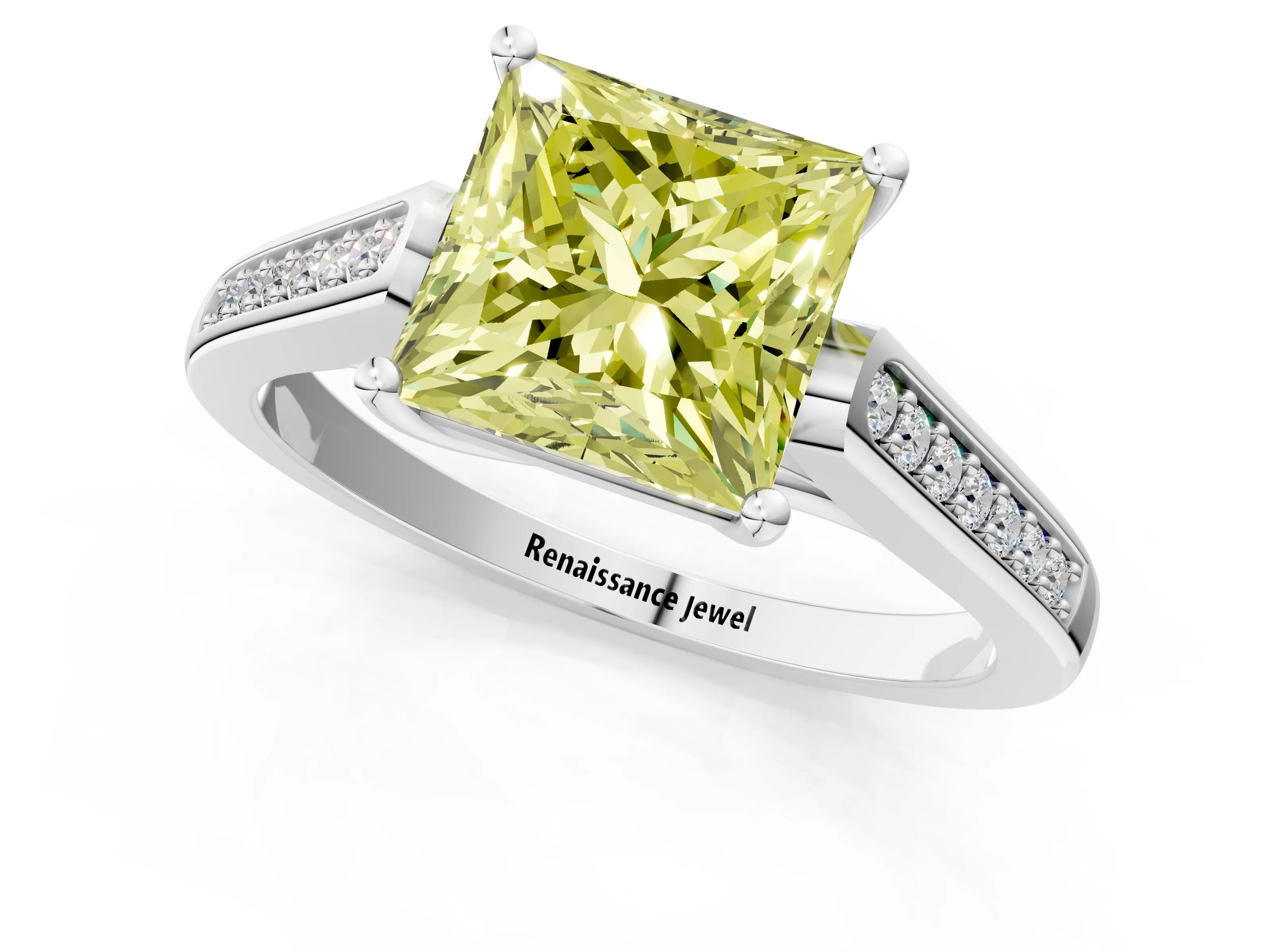 White gold Fancy Yellow Princess Cut Solitaire Cathedral Diamond Engagement Ring with Channel-Set Band and Four-Prong Setting_16