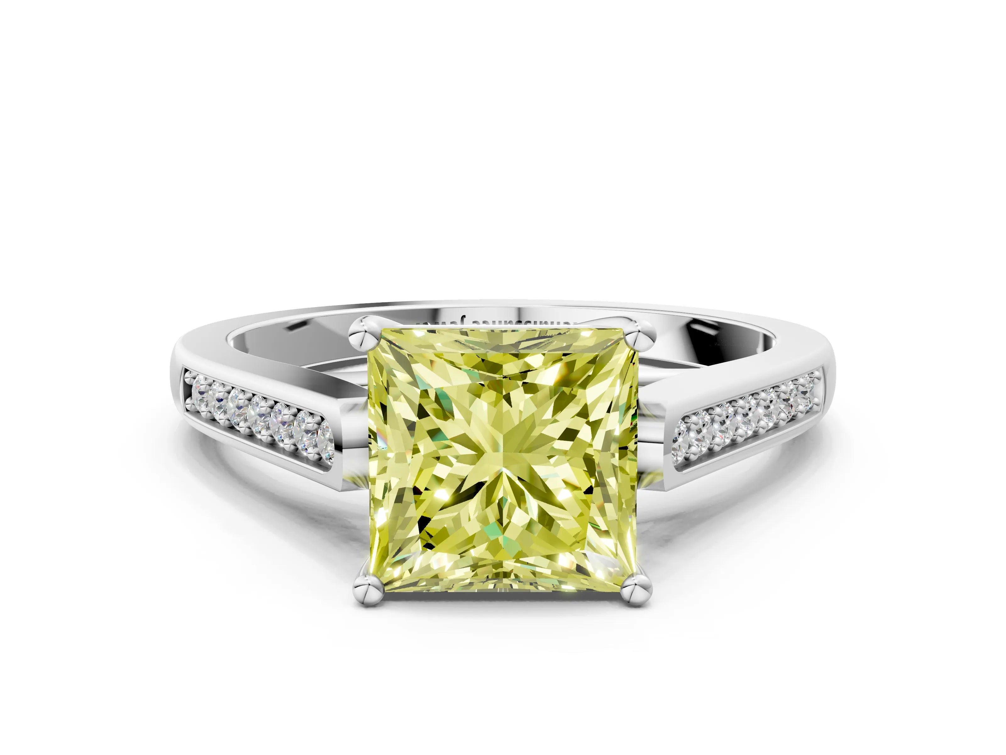 White gold Fancy Yellow Princess Cut Solitaire Cathedral Diamond Engagement Ring with Channel-Set Band and Four-Prong Setting_3