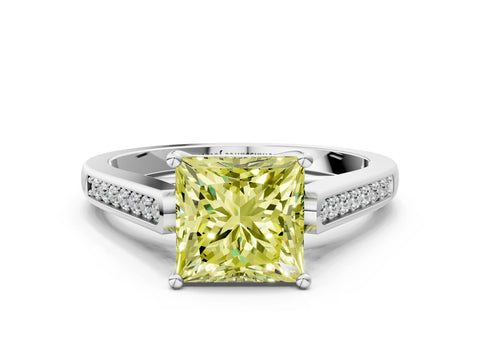 White gold Fancy Yellow Princess Cut Solitaire Cathedral Diamond Engagement Ring with Channel-Set Band and Four-Prong Setting_3