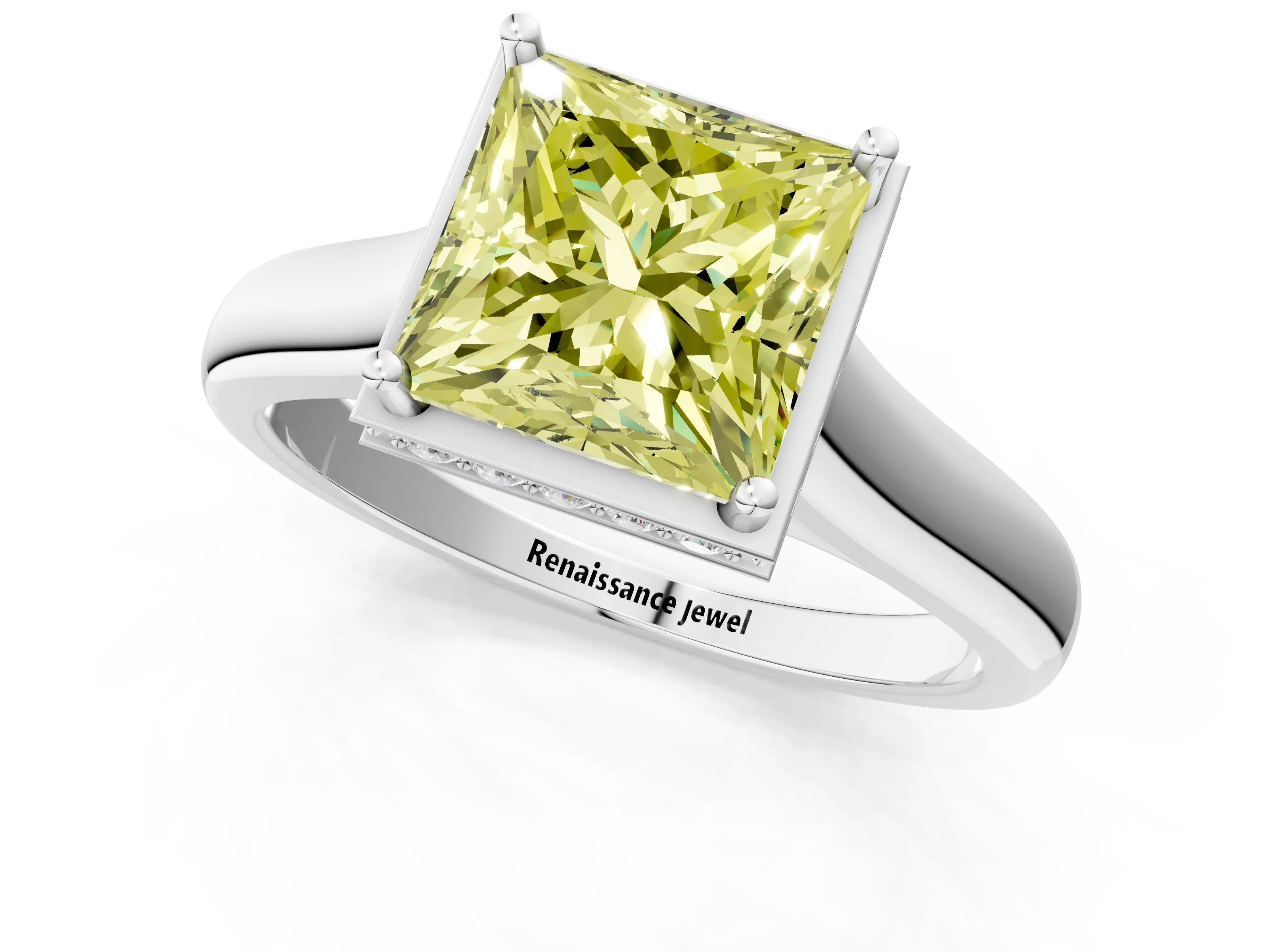 White gold Fancy Yellow Princess Cut Solitaire Diamond Engagement Ring with Four-Prong Setting and Tapered Band_13