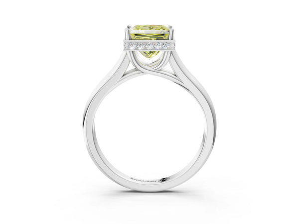Platinum Fancy Yellow Princess Cut Solitaire Diamond Engagement Ring with Four-Prong Setting and Tapered Band