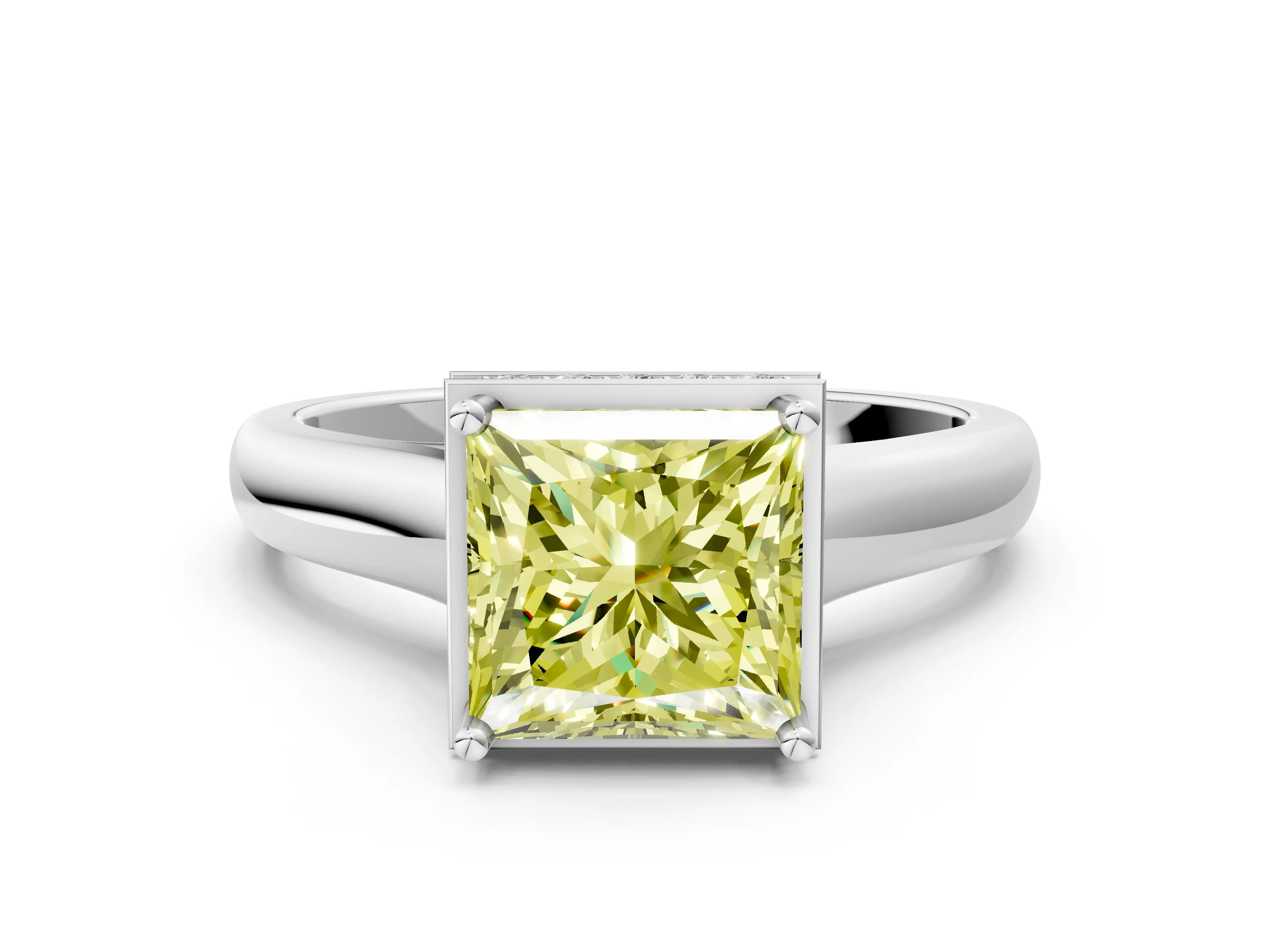 White gold Fancy Yellow Princess Cut Solitaire Diamond Engagement Ring with Four-Prong Setting and Tapered Band