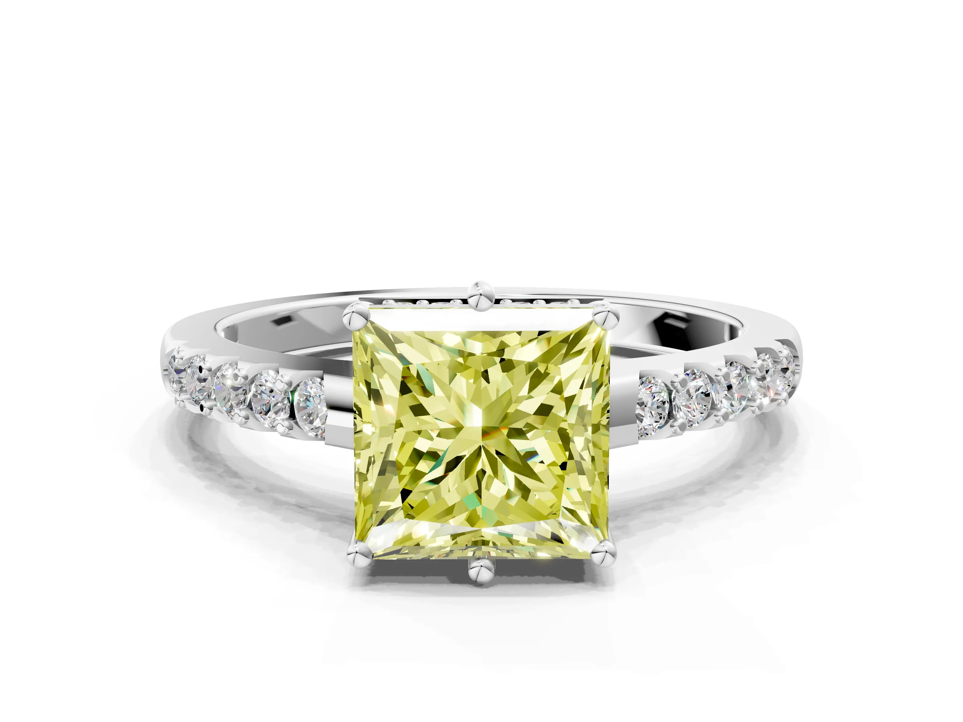 White gold Fancy Yellow Princess Cut Solitaire Diamond Engagement Ring with Pavé Band and Six-Prong Setting_12