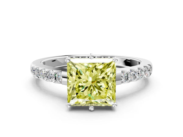 White gold Fancy Yellow Princess Cut Solitaire Diamond Engagement Ring with Pavé Band and Six-Prong Setting
