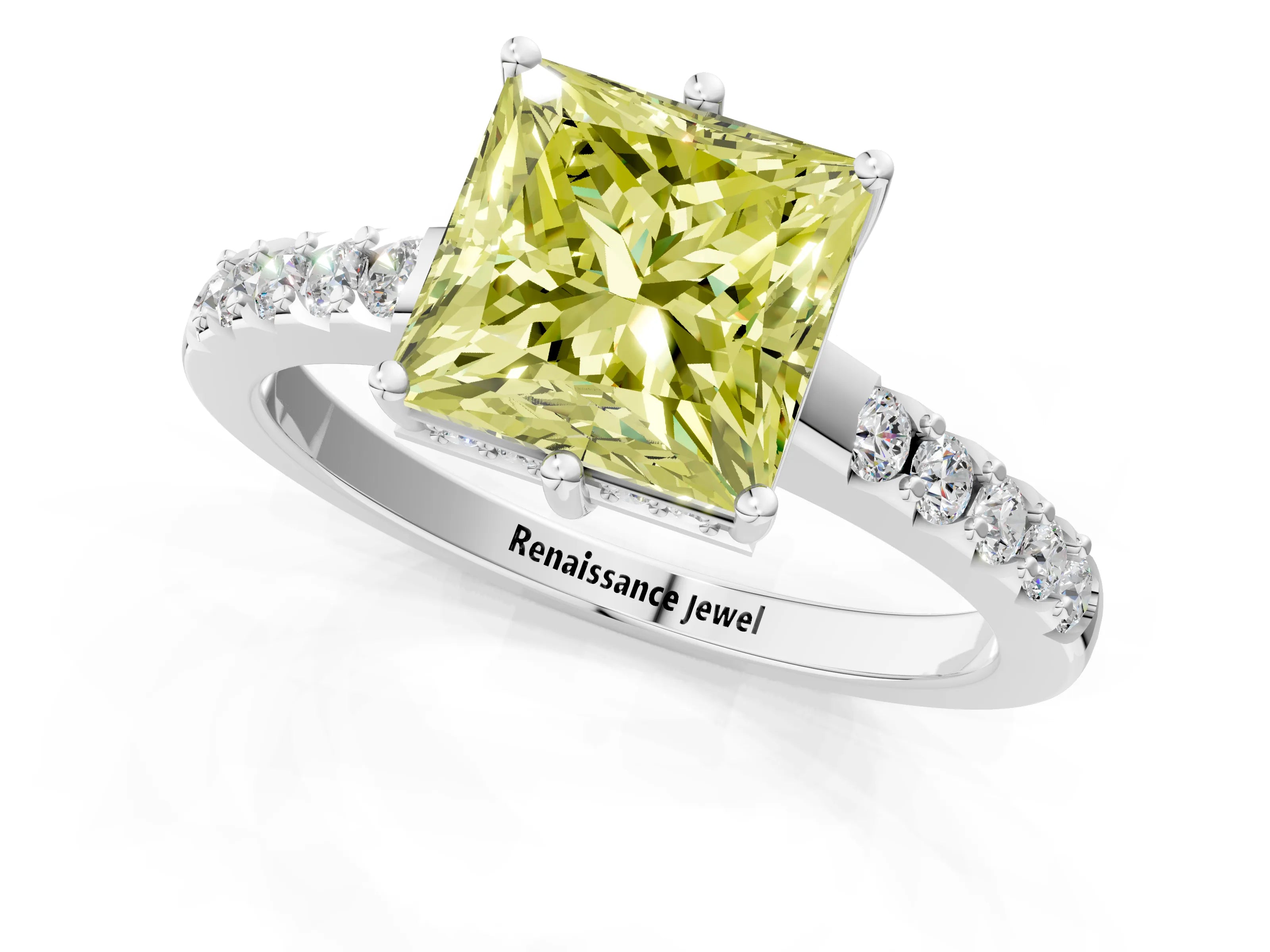 White gold Fancy Yellow Princess Cut Solitaire Diamond Engagement Ring with Pavé Band and Six-Prong Setting_13