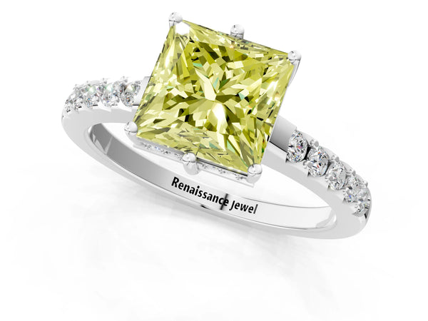 White gold Fancy Yellow Princess Cut Solitaire Diamond Engagement Ring with Pavé Band and Six-Prong Setting