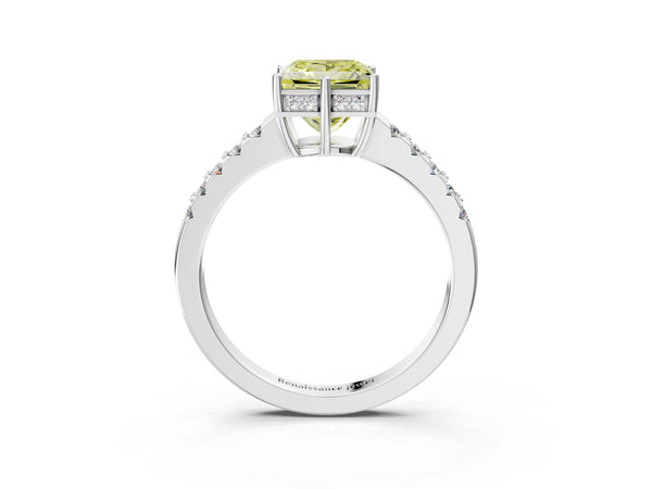 White gold Fancy Yellow Princess Cut Solitaire Diamond Engagement Ring with Pavé Band and Six-Prong Setting