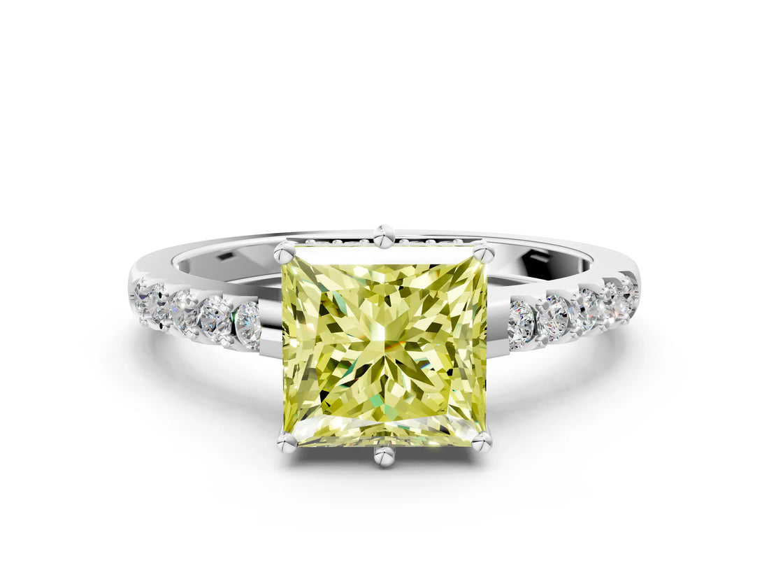 White gold Fancy Yellow Princess Cut Solitaire Diamond Engagement Ring with Pavé Band and Six-Prong Setting_24