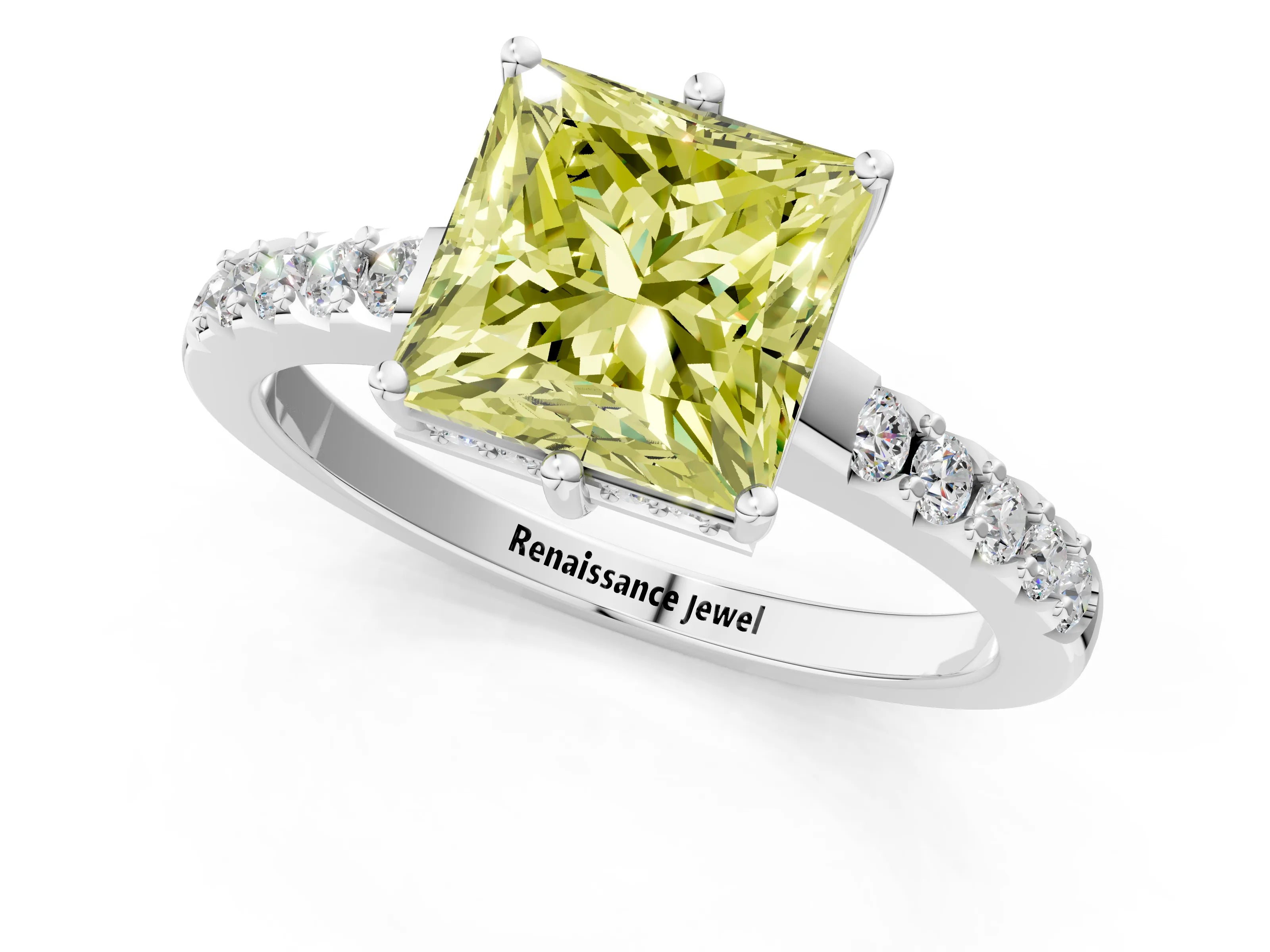 White gold Fancy Yellow Princess Cut Solitaire Diamond Engagement Ring with Pavé Band and Six-Prong Setting_25