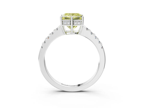 White gold Fancy Yellow Princess Cut Solitaire Diamond Engagement Ring with Pavé Band and Six-Prong Setting