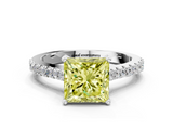 White gold Fancy Yellow Princess  Cut Solitaire Diamond Engagement Ring with Pave Band and Four-Prong Setting