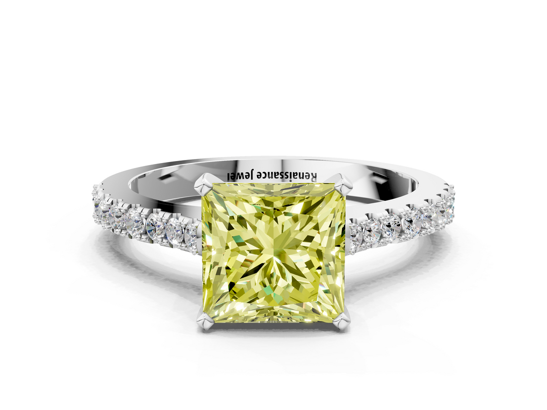 White gold Fancy Yellow Princess  Cut Solitaire Diamond Engagement Ring with Pave Band and Four-Prong Setting