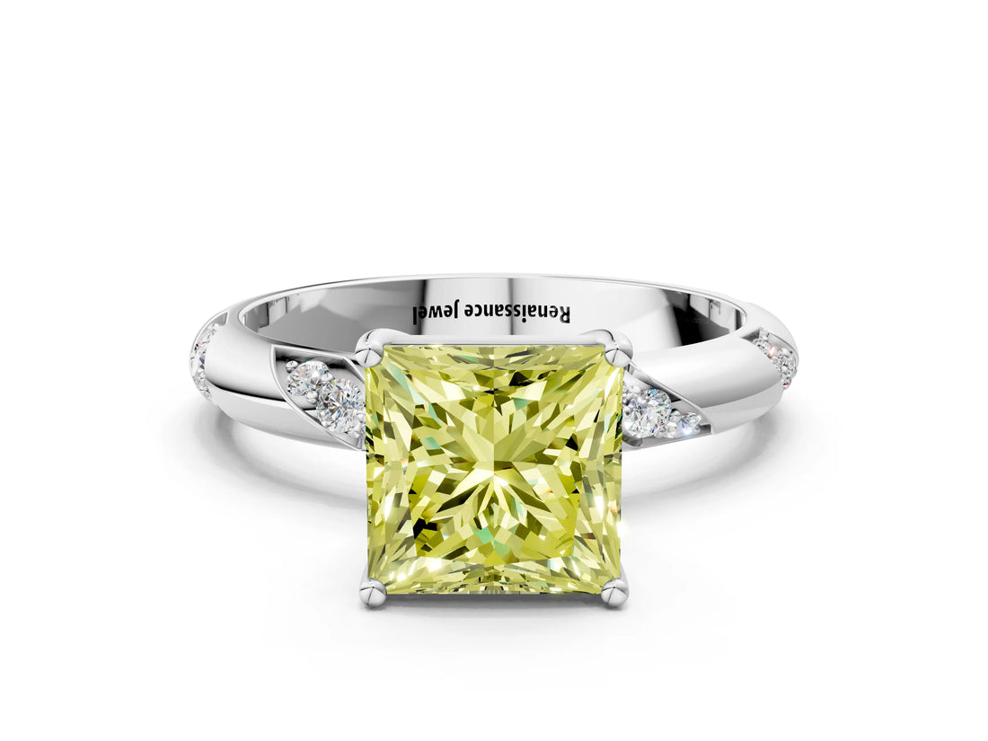 White gold Fancy Yellow Princess Cut Solitaire Diamond Engagement Ring with Twisted Pave Band and Four-Prong Setting_57