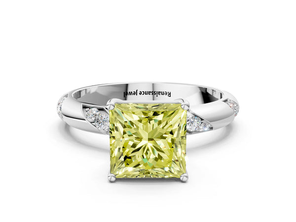 White gold Fancy Yellow Princess Cut Solitaire Diamond Engagement Ring with Twisted Pave Band and Four-Prong Setting