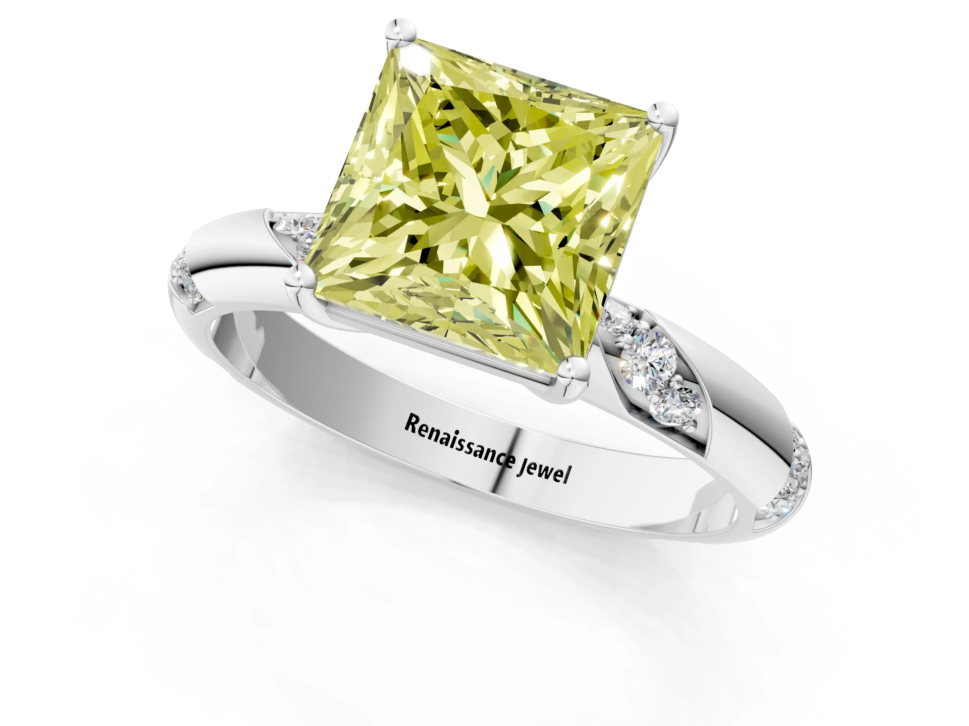 White gold Fancy Yellow Princess Cut Solitaire Diamond Engagement Ring with Twisted Pave Band and Four-Prong Setting_58