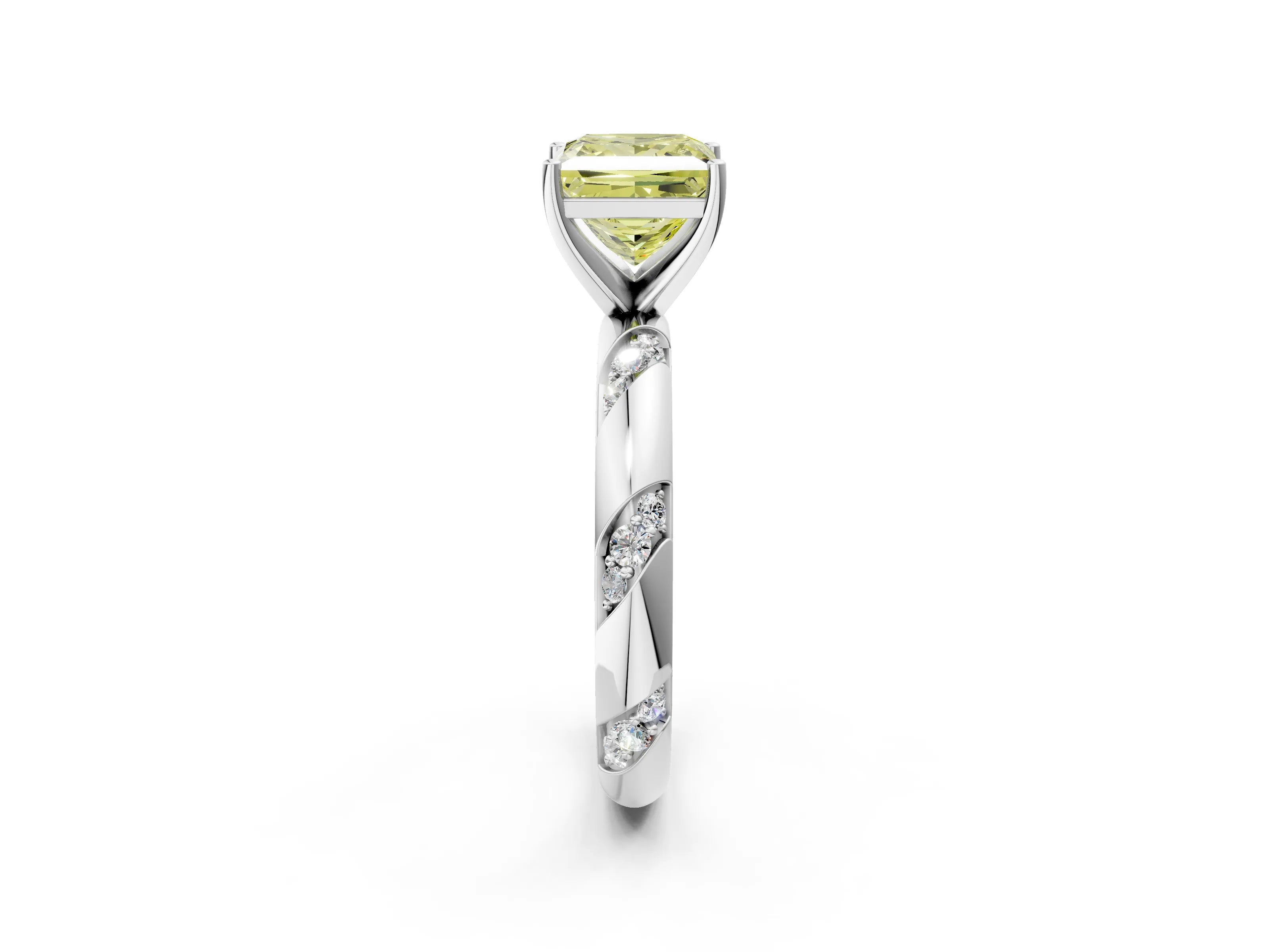 White gold Fancy Yellow Princess Cut Solitaire Diamond Engagement Ring with Twisted Pave Band and Four-Prong Setting_59