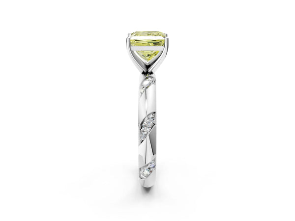 White gold Fancy Yellow Princess Cut Solitaire Diamond Engagement Ring with Twisted Pave Band and Four-Prong Setting