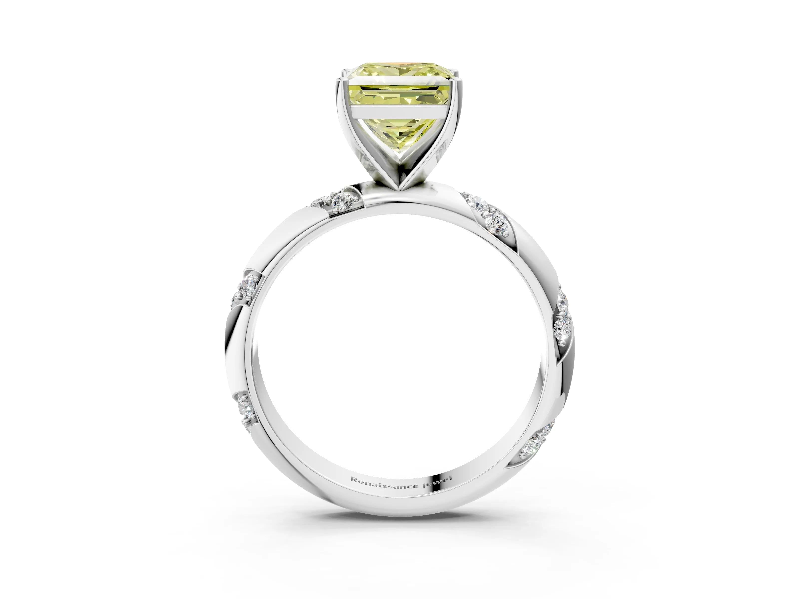 White gold Fancy Yellow Princess Cut Solitaire Diamond Engagement Ring with Twisted Pave Band and Four-Prong Setting_60
