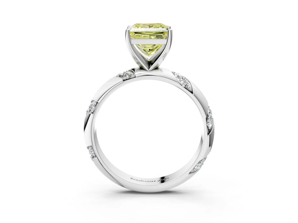 White gold Fancy Yellow Princess Cut Solitaire Diamond Engagement Ring with Twisted Pave Band and Four-Prong Setting