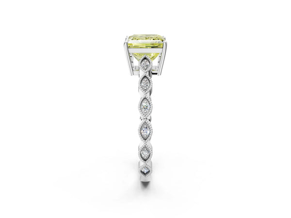 White gold Fancy Yellow Princess Cut Solitaire Diamond Ring with Infinity Twist Band and Four-Prong Setting