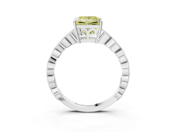 White gold Fancy Yellow Princess Cut Solitaire Diamond Ring with Infinity Twist Band and Four-Prong Setting