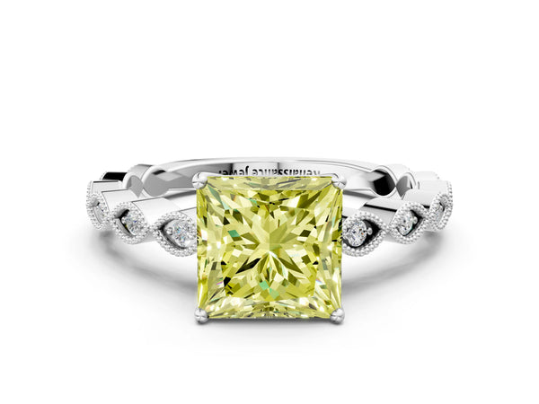 White gold Fancy Yellow Princess Cut Solitaire Diamond Ring with Infinity Twist Band and Four-Prong Setting
