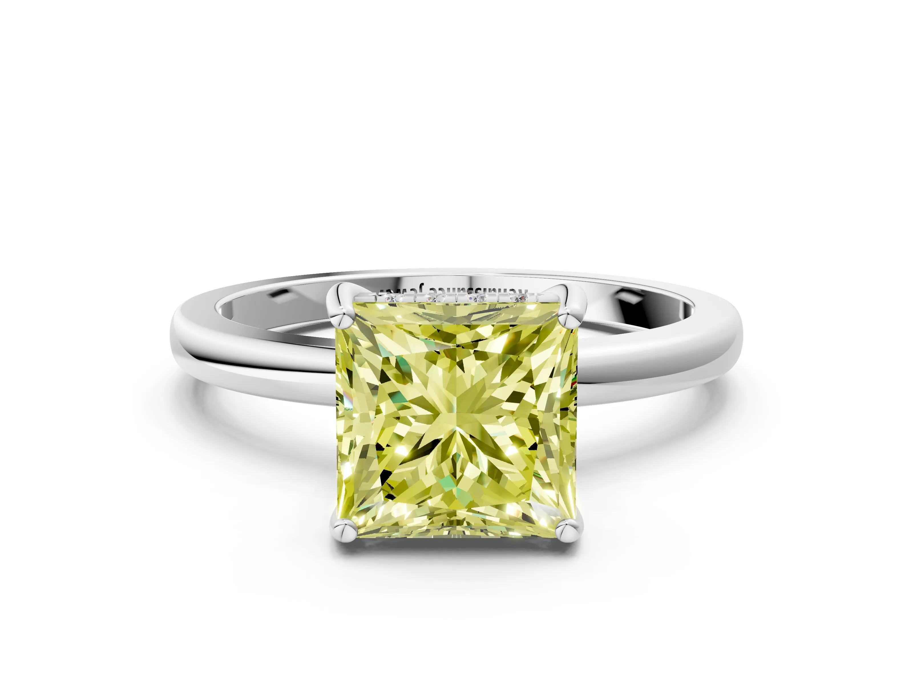 White gold Fancy Yellow Princess Cut Solitaire Diamond Ring with Prong Setting and Plain Band