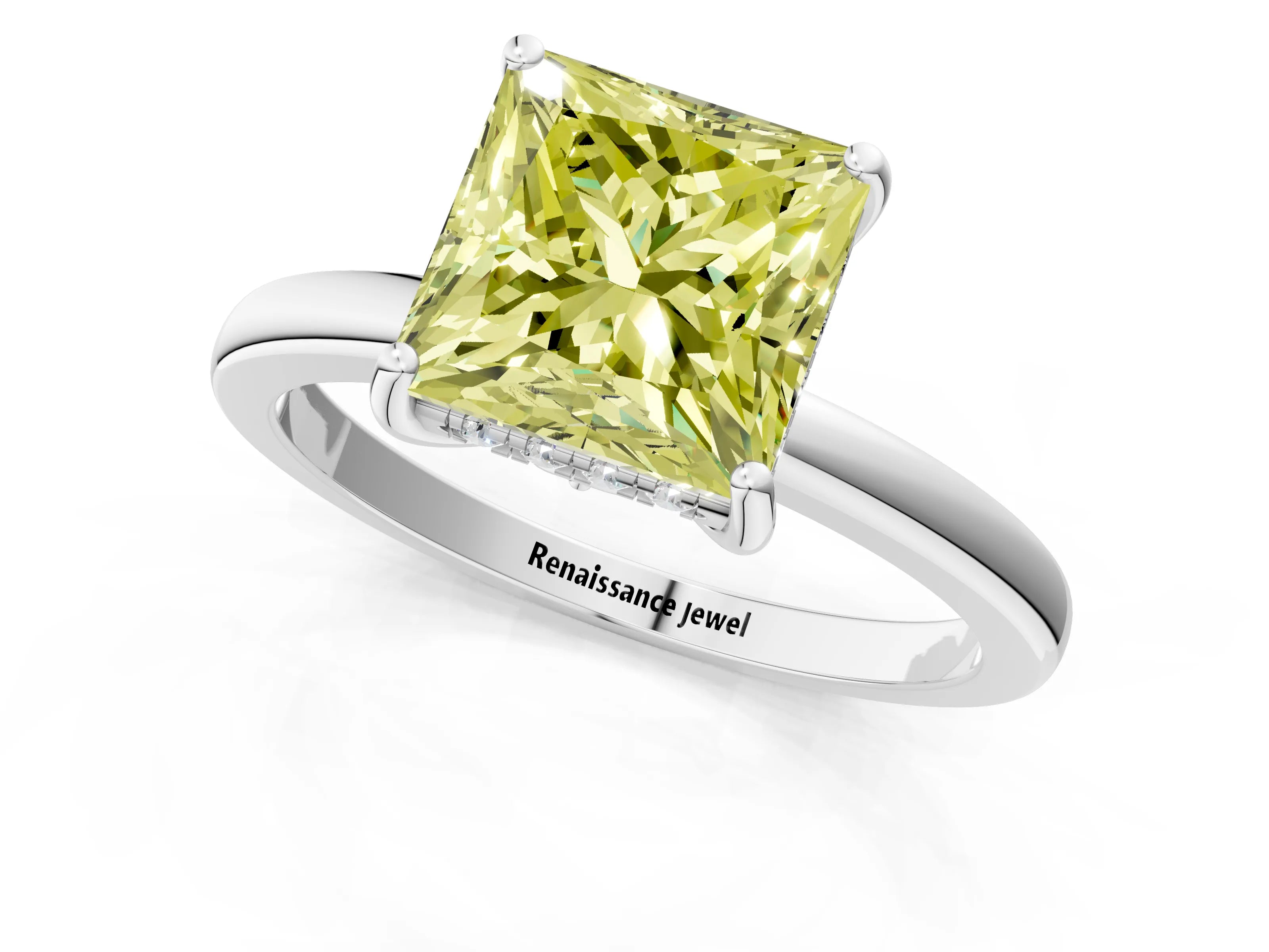 White gold Fancy Yellow Princess Cut Solitaire Diamond Ring with Prong Setting and Plain Band_1