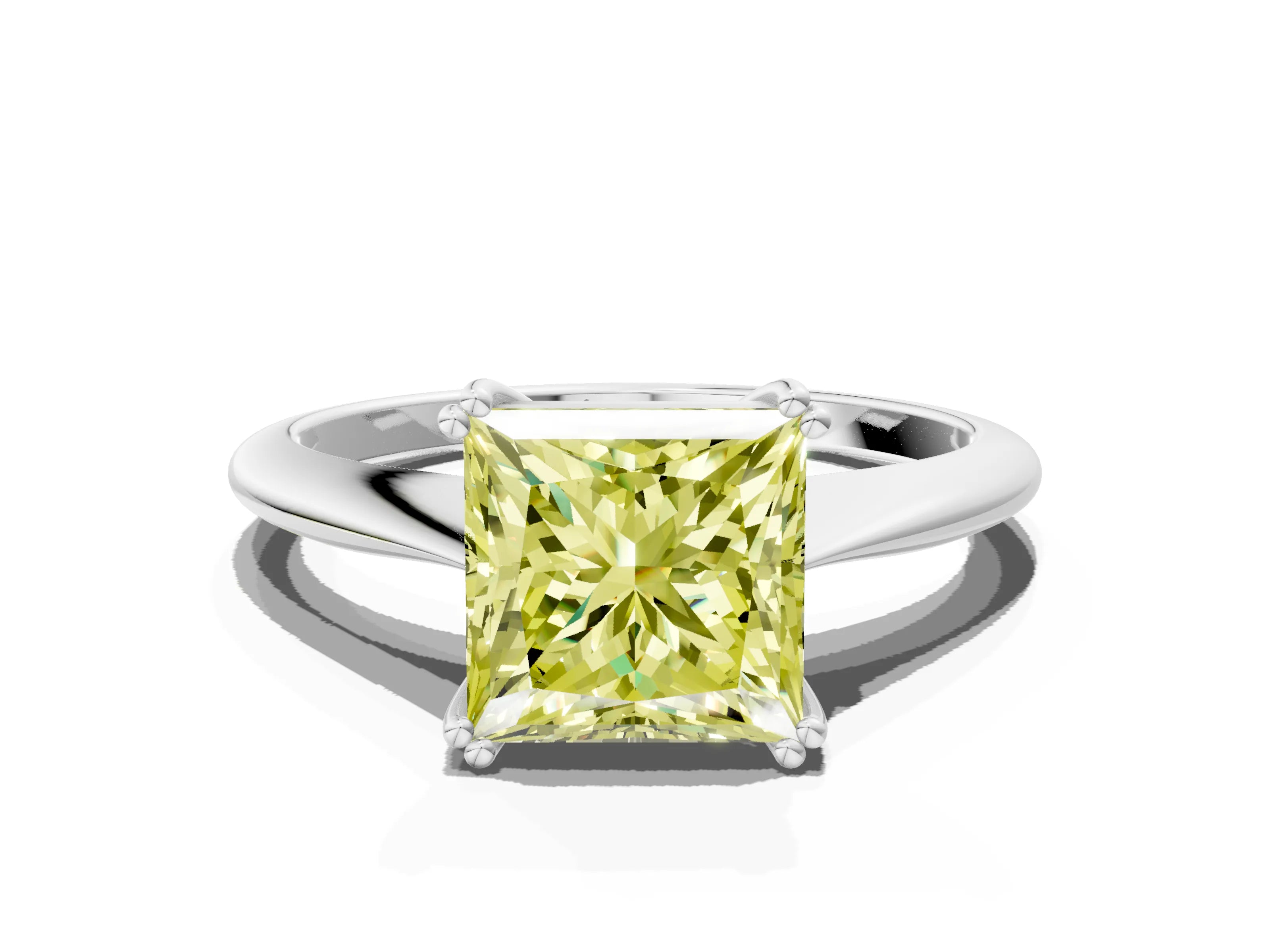White gold Fancy Yellow Princess Cut Solitaire Diamond Ring with Six-Prong Setting and Classic Band